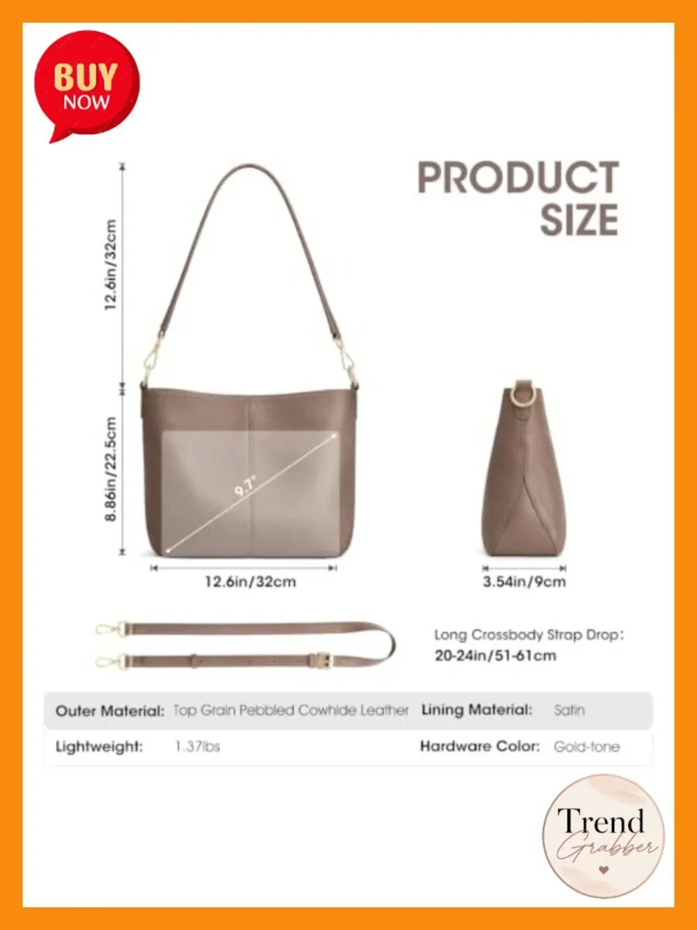 Top Grain Pebbled Cowhide Leather Crossbody Hobo Bag with 2 Straps